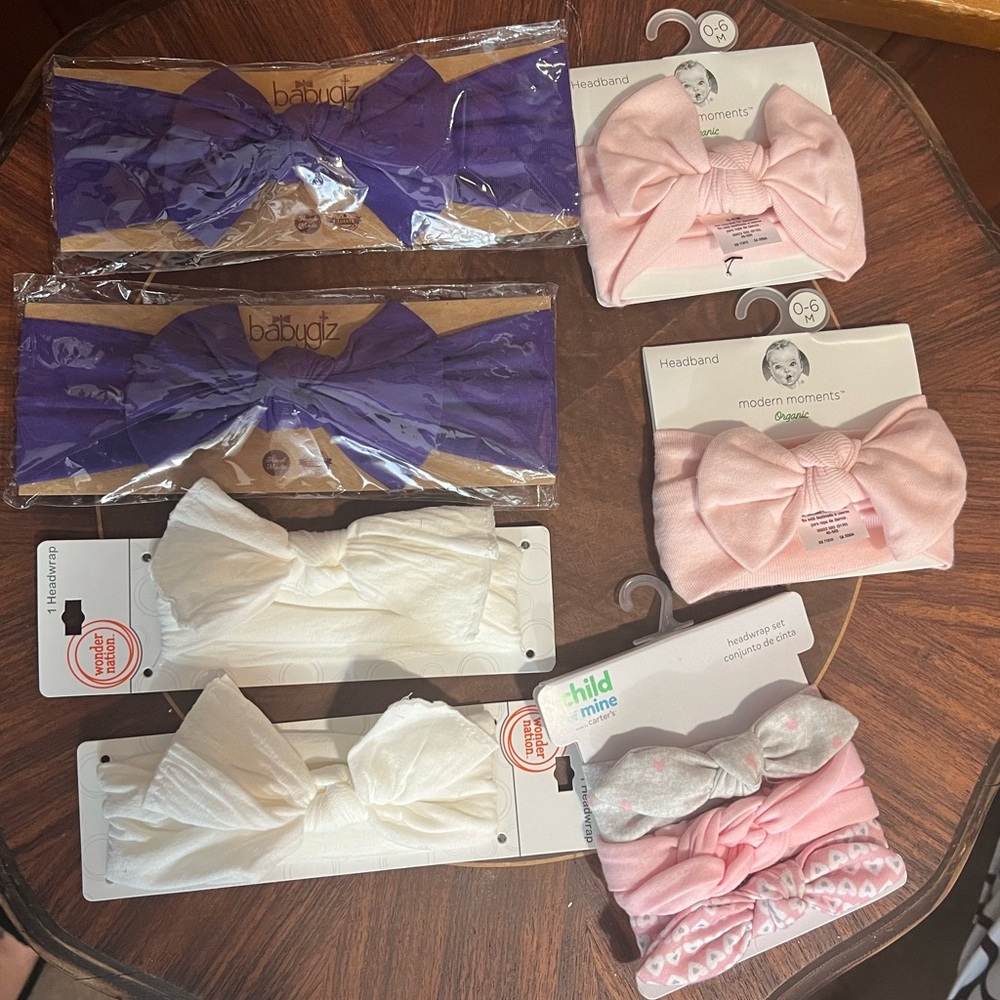 Baby Girl Headband Lot of 7 New in Package Various sizes Purple Pink White Grey